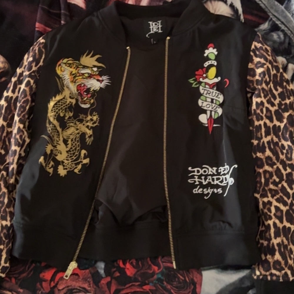 Ed Hardy Black and Brown Bomber Jacket with Bold Patterns